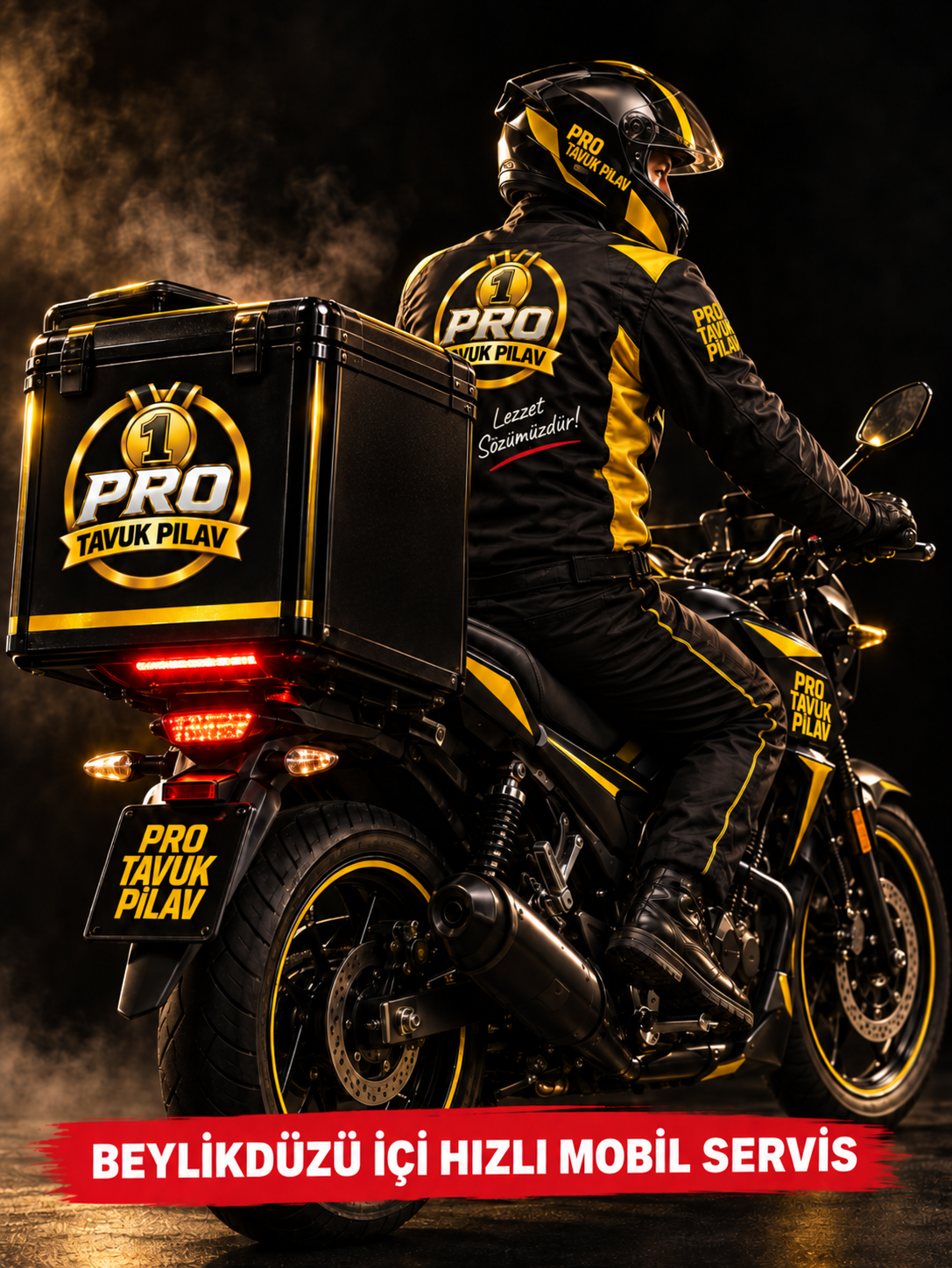 PRO Tavuk Pilav markalı teslimat motosikleti ve kurye
